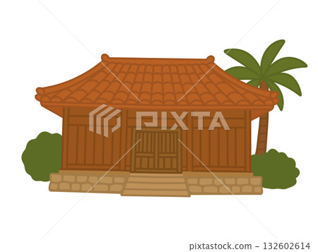Okinawa traditional house illustration, Shisa Okinawa traditional house illustration, Shisa 132602614