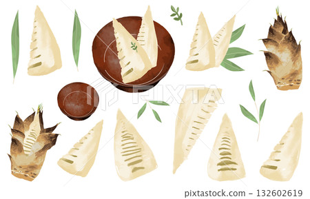 一組竹筍插圖(竹筍是新年菜餚和日本料理的食材) 一組竹筍插圖(竹筍是新年菜餚和日本料理的食材) 132602619