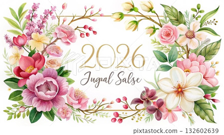 Asian national flowers made into a square frame with the text 2026 background Asian national flowers made into a square frame with the text 2026 background 132602639