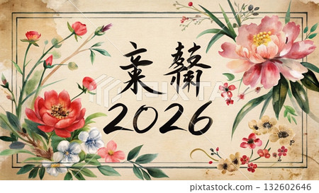 Asian national flowers made into a square frame  with the text 2026 background 132602646