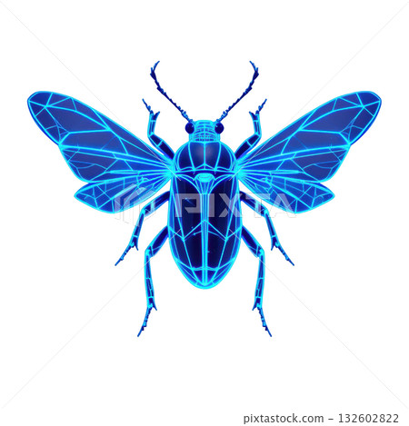 Glowing blue beetle with spread wings in geometric neon style, showcasing intricate lines and futuristic design 132602822