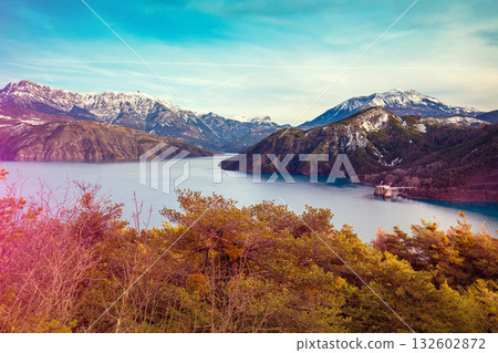Mountain lake in autumn. Aerial view. Serre-Poncon mountain lake in winter in Hautes Alpes, France 132602872