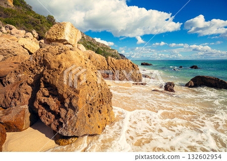 Rocky seascape on a sunny day. View of the sunny bay in Setubal, Portugal 132602954