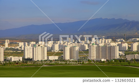 ASHGABAT, TURKMENISTAN. View of the new neighborhood on a background of mountains. 132603021