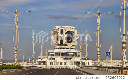 ASHGABAT, TURKMENISTAN - May 14, 2019: View of the wedding palace. One of the main modern sights of the city. ASHGABAT, TURKMENISTAN, May 14, 2019 ASHGABAT, TURKMENISTAN - May 14, 2019: View of the wedding palace. One of the main modern sights of the city. ASHGABAT, TURKMENISTAN, May 14, 2019 132603022