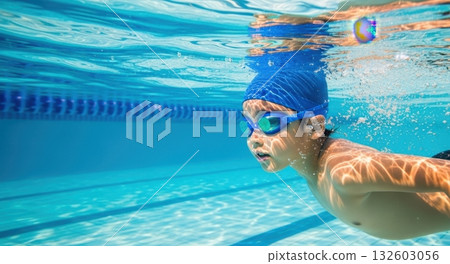 Children practicing at swimming school (underwater) 132603056