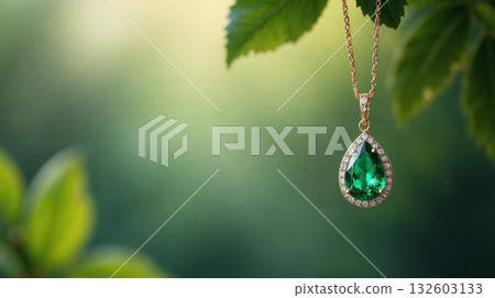 Luxury emerald jewel necklace pendant hanging on leaf. serene and beautiful aesthetic against green nature background 132603133