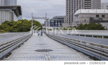 A view of Kaihin Makuhari's footbridge and skyscrapers on a cloudy day A view of Kaihin Makuhari's footbridge and skyscrapers on a cloudy day 132603210