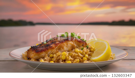 Warm inviting Cajun blackened catfish dinner on dirty rice with corn maque choux. delicious southern meal with lemon Warm inviting Cajun blackened catfish dinner on dirty rice with corn maque choux. delicious southern meal with lemon 132603347