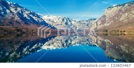 Mountain lake with reflection. Nature landscape. Lake Bohinj, Slovenia, Europe. Horizontal banner Mountain lake with reflection. Nature landscape. Lake Bohinj, Slovenia, Europe. Horizontal banner 132603467