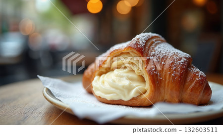 Delicious cream filled croissant pastry sweet food dessert from gourmet bakery for breakfast or brunch snack food Delicious cream filled croissant pastry sweet food dessert from gourmet bakery for breakfast or brunch snack food 132603511