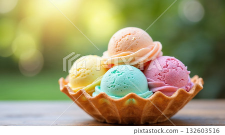 Happy colorful ice cream scoop dessert in sweet waffle cone bowl. refreshing summer food treat on an outdoor table 132603516