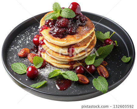 pancakes with berries and honey 132603592