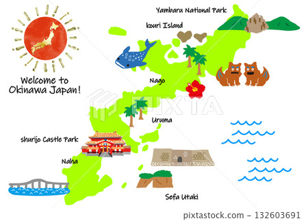 Hand drawn Okinawa prefecture tourist destination illustration map flat color 132603691