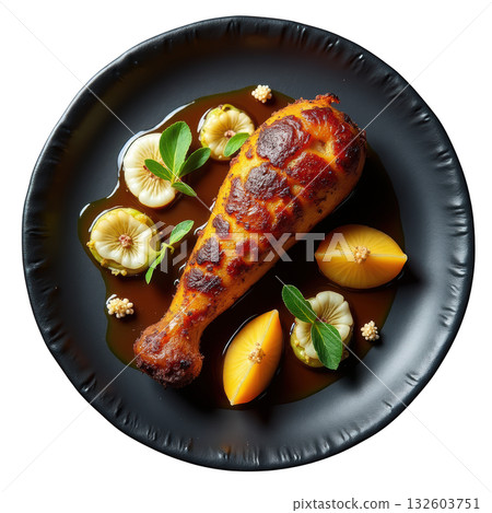 Delicious roasted quail leg confit with quince jus. An elegant gourmet meal for fine dining on dark plate 132603751