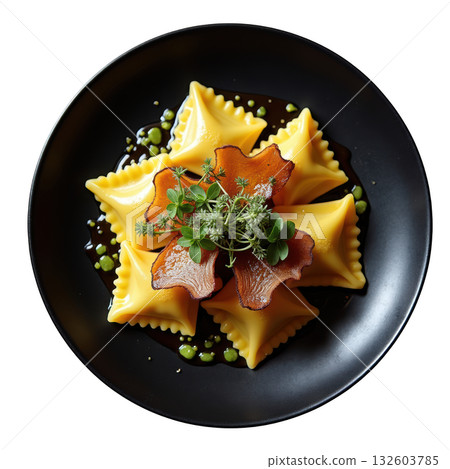 Appetizing gourmet duck ravioli pasta dish. Savory food prepared for delicious fine dining dinner experience Appetizing gourmet duck ravioli pasta dish. Savory food prepared for delicious fine dining dinner experience 132603785