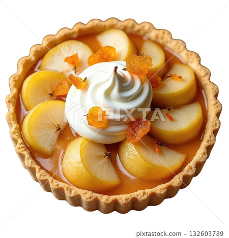 Inviting pear and ginger tart dessert with sweet cream. This golden pastry holds poached fruit slice in glaze 132603789