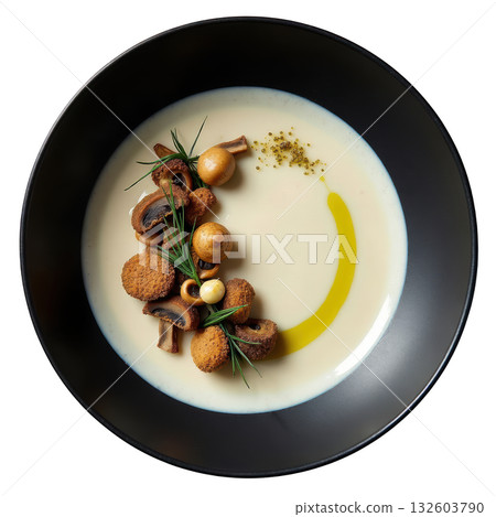 Gourmet mushroom cream soup appetizer. warm food dish in black bowl offering comforting, savory experience 132603790