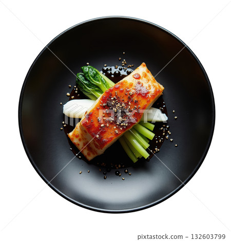 Appetizing gourmet Black Cod Misoyaki fillet. Japanese dish glazed with savory miso and served with steamed bok choy 132603799