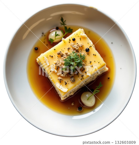 Appetizing roasted salsify terrine appetizer with smoked gouda and caramelized shallot, an elegant gourmet dish 132603809