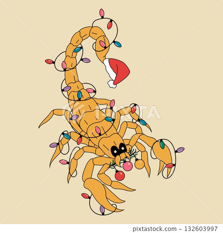 A cartoon scorpion wearing a Santa hat and holding Christmas lights A cartoon scorpion wearing a Santa hat and holding Christmas lights 132603997