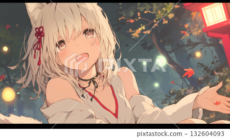 一幅精美的動漫插畫，描繪了一位笑容燦爛、長著狐狸耳朵的美麗少女在秋夜的燈籠下伸出手。 132604093