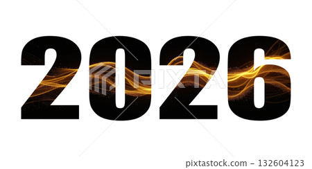 Futuristic 2026 year numbers design with glowing golden waves and light trails on transparent or white background for technology, innovation and celebration themes 132604123