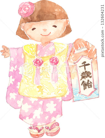 七五三 - 身穿和服的女孩手捧千歲糖的插圖 - 向量圖 132604231