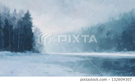 冬日清晨河畔景色，雪林與冰封河面的寧靜景象 132604307