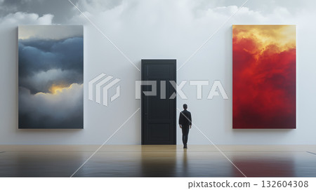 A man in a large space with paintings on the walls stands in front of a closed door A man in a large space with paintings on the walls stands in front of a closed door 132604308