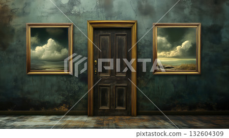 A room with a closed door and paintings depicting celestial landscapes A room with a closed door and paintings depicting celestial landscapes 132604309