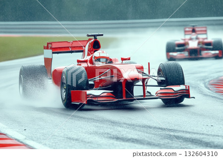 Formula 1 racing red car rushes along the race track at high speed during the rain 132604310