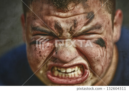 Close-up of a dirty white man's face expressing extreme emotional aggression 132604311