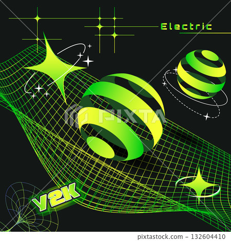 Glowing Y2K digital composition with browser windows neon grid and global sphere in isometric cartoon style 132604410