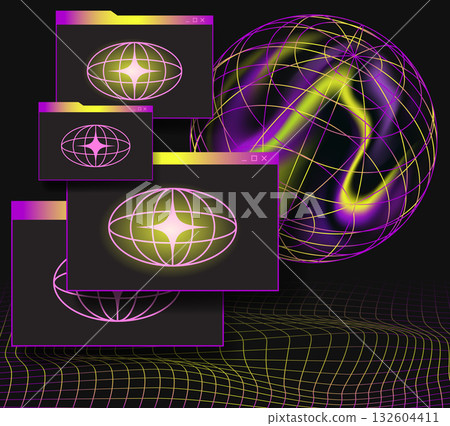 Abstract electric Y2K composition with neon spheres wireframe curves and glowing stars in isometric cartoon style Abstract electric Y2K composition with neon spheres wireframe curves and glowing stars in isometric cartoon style 132604411