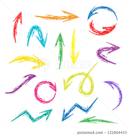 Set of hand drawn wax crayon fun colorful arrows. Hand painting design elements. Vector collection on white background. Set of hand drawn wax crayon fun colorful arrows. Hand painting design elements. Vector collection on white background. 132604433