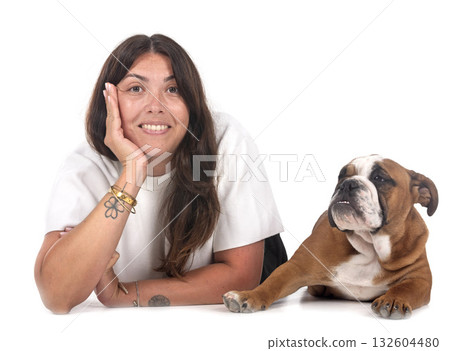 english bulldog and woman in studio english bulldog and woman in studio 132604480