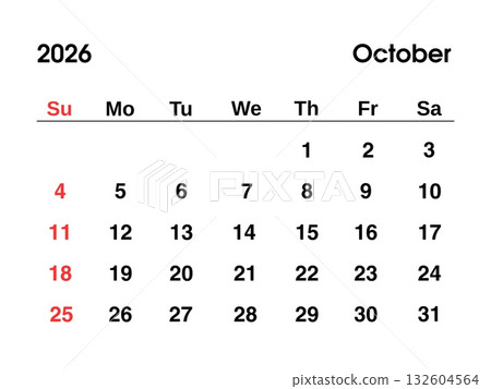 October 2026 year calendar page showing dates, weekdays, and month name on a clean white background. October 2026 year calendar page showing dates, weekdays, and month name on a clean white background. 132604564