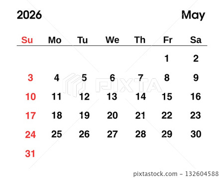 Calendar for May 2026 year with Sundays highlighted in red, clear layout and modern design. Calendar for May 2026 year with Sundays highlighted in red, clear layout and modern design. 132604588
