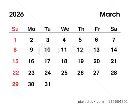 Calendar for March 2026 year, with highlighted Sundays, clear layout and modern design. Calendar for March 2026 year, with highlighted Sundays, clear layout and modern design. 132604591