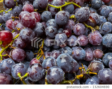 Ripe black grapes with water drops close-up on the fruits. Macro 132604690