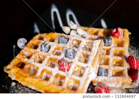 Belgian Liege waffles with berries, blueberries athens raspberries blueberries 132604697