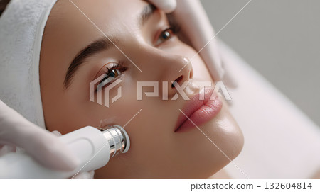 一位女士在美容診所接受臉部護理。皮膚護理過程的特寫鏡頭 132604814