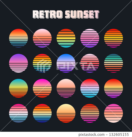 Vintage colorful sunset. Striped gradient sunrise badges in 80s and 90s style. Sun and ocean view, summer vibes, surfing. Design element for print, logo or t-shirt. Vector illustration Vintage colorful sunset. Striped gradient sunrise badges in 80s and 90s style. Sun and ocean view, summer vibes, surfing. Design element for print, logo or t-shirt. Vector illustration 132605155