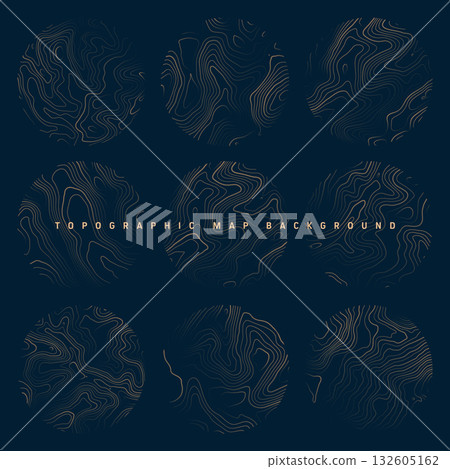 Colorful topographic maps with contour lines. Geographic terrain grid, relief height elevation. Ground path pattern. Travel and navigation, cartography design element. Vector illustration 132605162