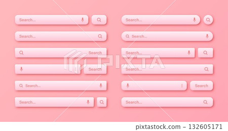 Colorful 3d search bar templates. Internet browser engine with search box, address bar and text field. UI design, website interface element with web icons and push button. Vector illustration Colorful 3d search bar templates. Internet browser engine with search box, address bar and text field. UI design, website interface element with web icons and push button. Vector illustration 132605171