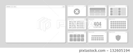 Web browser window, pages layout with toolbar and search field. Modern website, internet page in flat style. Browser mockup for computer, tablet and smartphone. Adaptive UI. Vector illustration 132605194