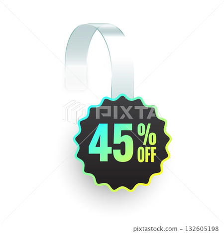 Supermarket promotional wobblers. Realistic white wobbler template for shelf advertising, 45 percent off discount. Sale label with ad text. Special offer price tag. Vector illustration 132605198