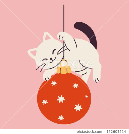 Cute White Cat Hanging on Christmas Ornament 132605214