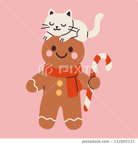 Cute Gingerbread Man with Cat and Candy Cane 132605215